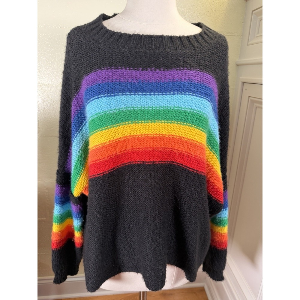 Wooden Ships Rainbow Stripe Oversized Knit Sweater Black Boho‎ Slouchy One Size